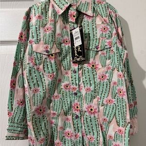 Kids Pink & Green Cactus Print Button-Up Shirt